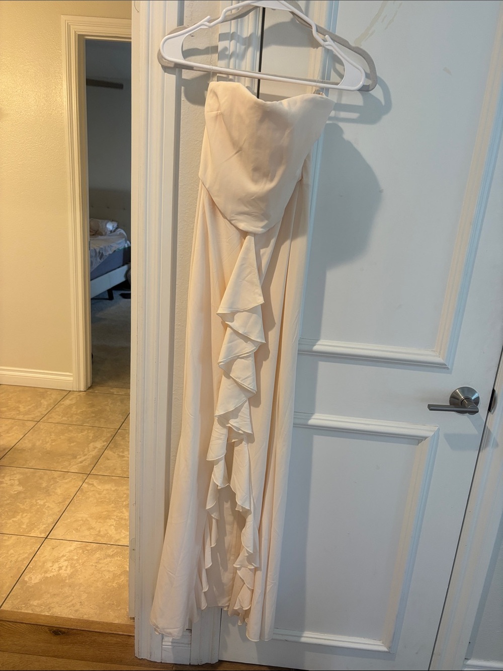 Oh Polly Strapless Cream Ruffle Maxi Dress